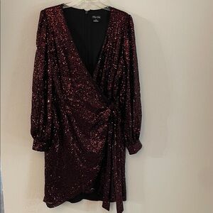 City Chic Shimmering Red Sequin Long Sleeve Dress